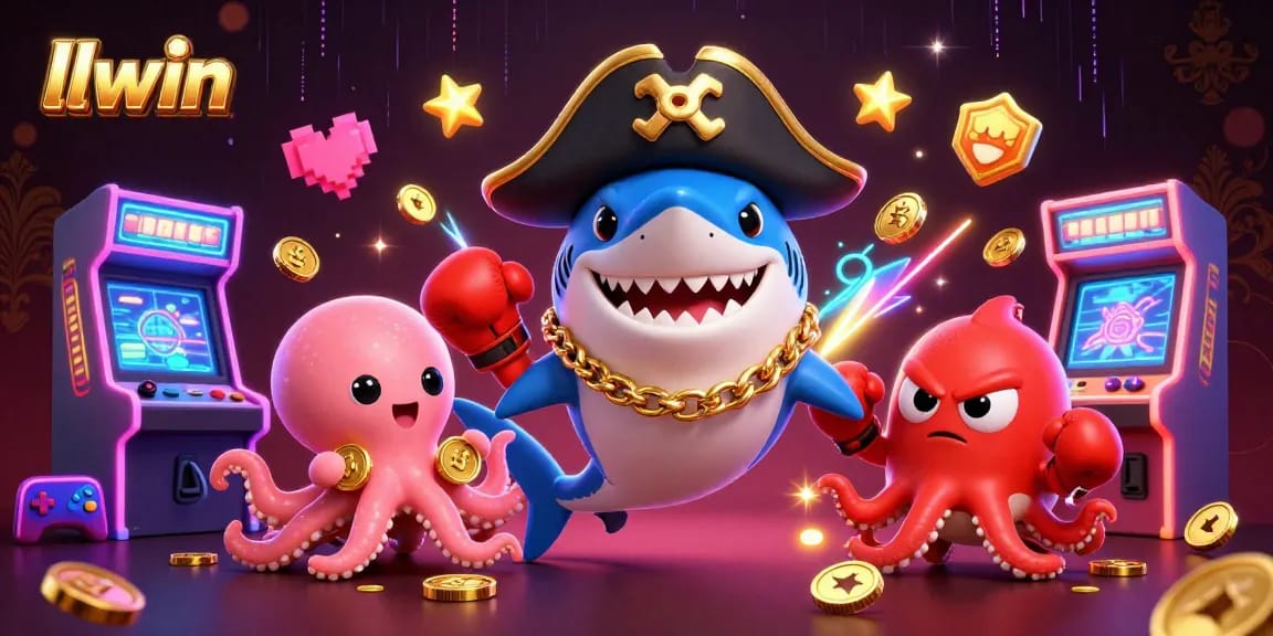 Experience llwin's vibrant casino action with a playful shark captain, pufferfish, and octopus in a colorful gaming atmosphere.