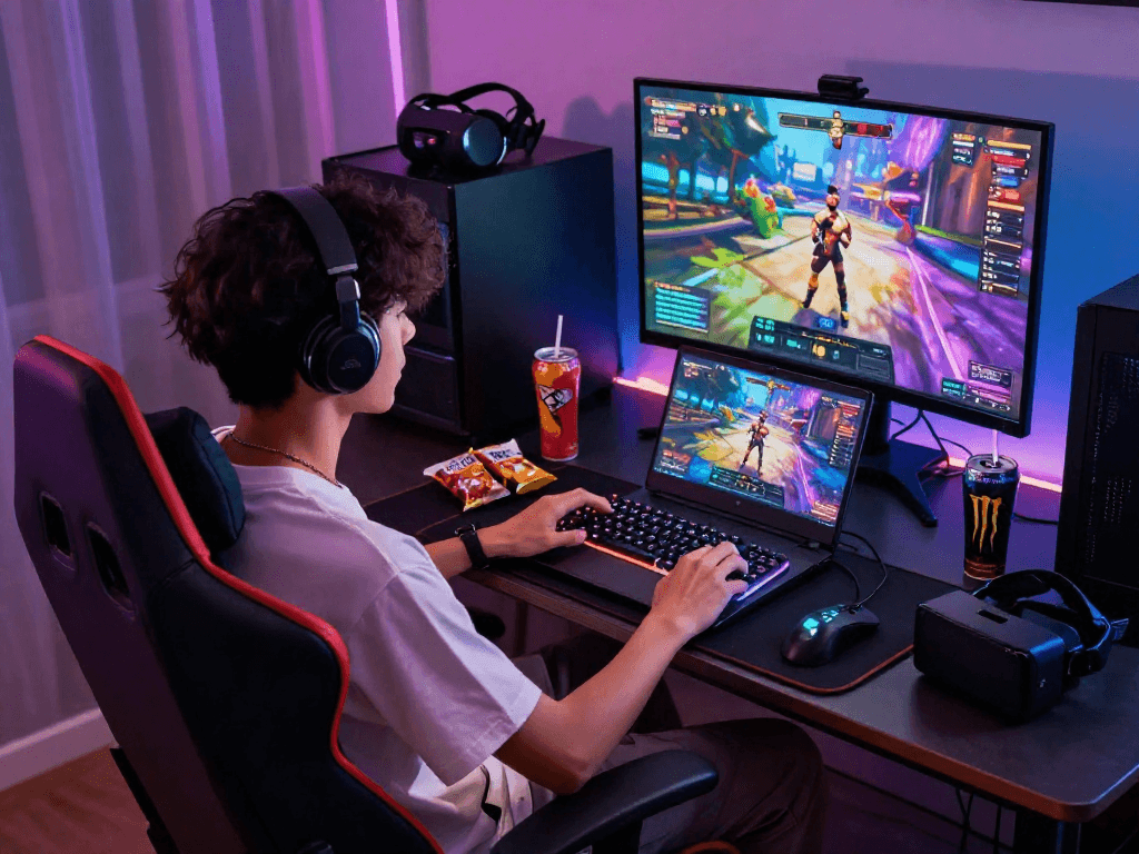 Engaged player enjoying an HTML porn game on a vibrant gaming laptop, surrounded by high-tech gear and colorful LED lights.