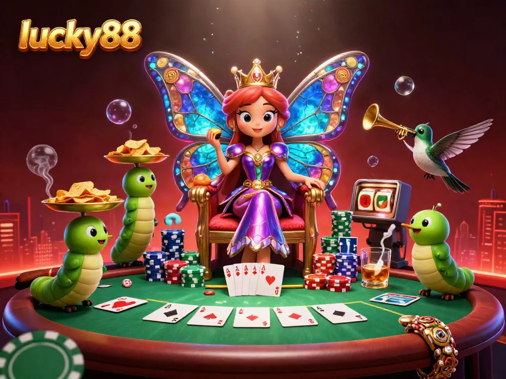 Experience the vibrant casino atmosphere with lucky88 as the butterfly queen presides, surrounded by colorful poker elements.
