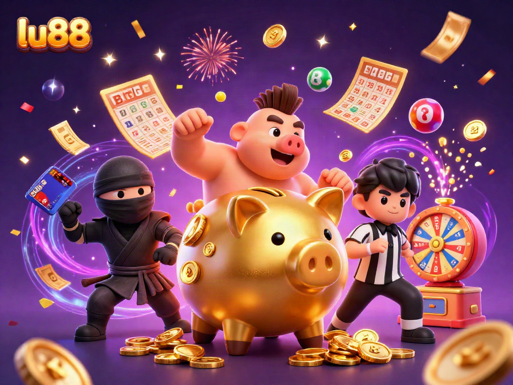 Experience thrilling wins with lu88 in a vibrant casino illustration featuring dynamic characters.