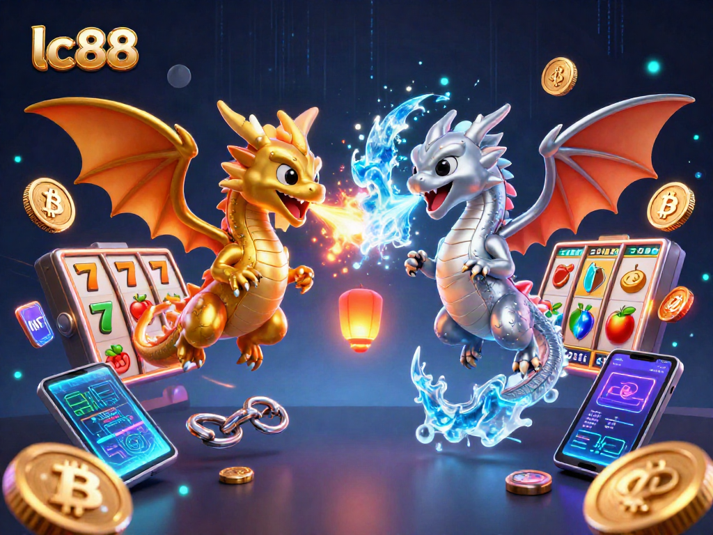 Engage with lc88 slots featuring gold and silver dragons in a vibrant casino scene.