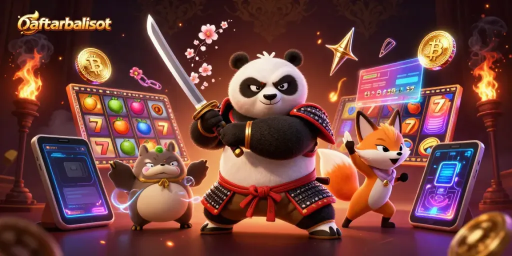 Engage with Daftar balisot as a samurai panda and ninja fox navigate a vivid slot game environment.