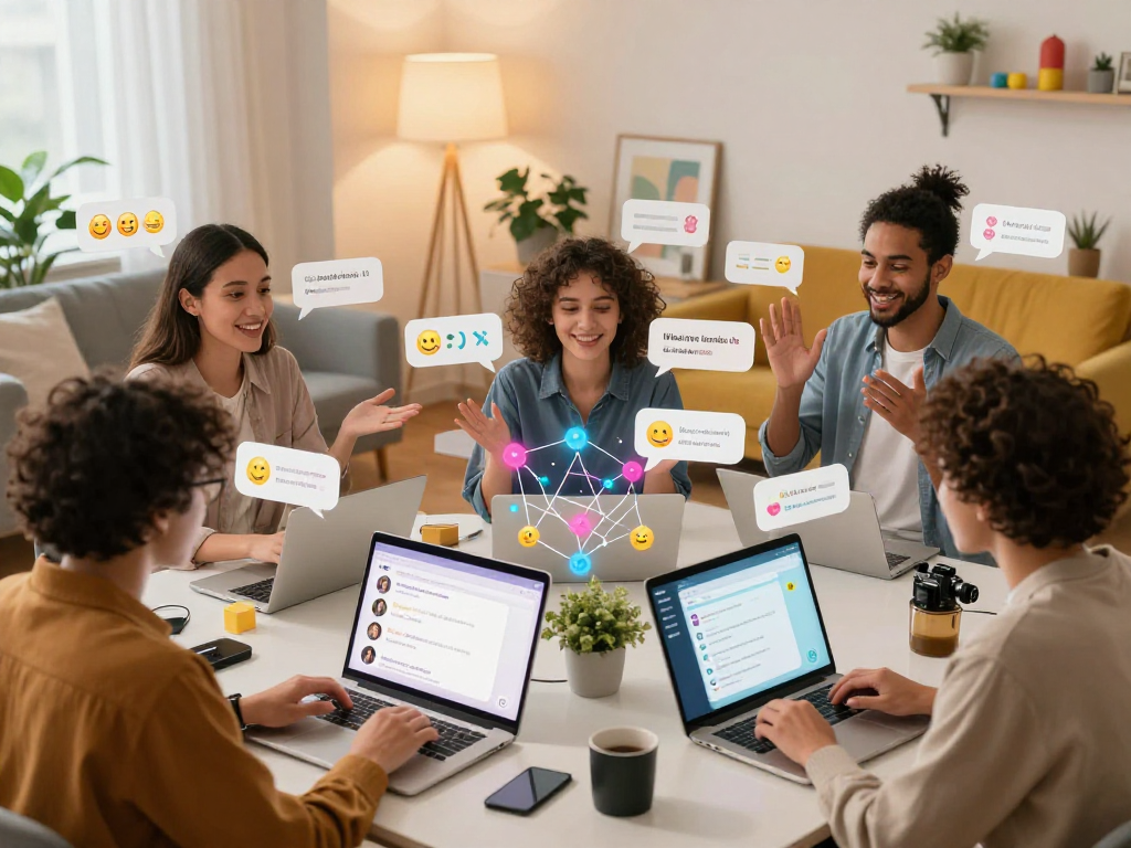 Engaged individuals using sex chat AI in a vibrant home office setting, showcasing modern technology.