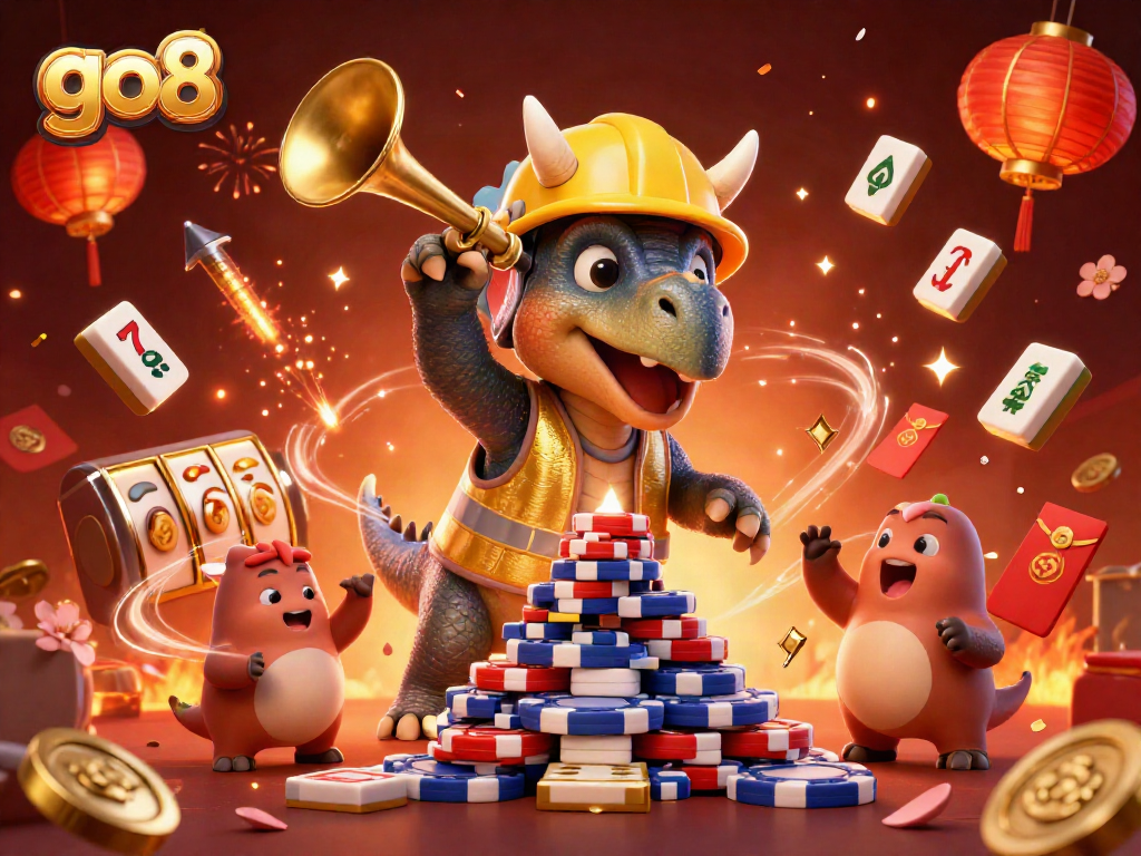 Cheerful scene highlighting go8 with a triceratops building poker chips amidst casino festivities and vibrant decorations.