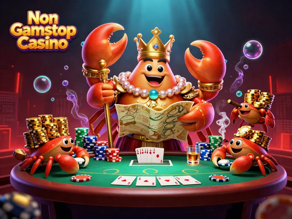 Experience the excitement of a Non Gamstop Casino with a vibrant 3D scene featuring a golden crab emperor and gaming elements.