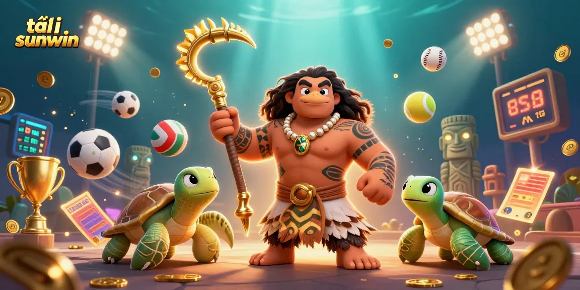 Experience thrilling action with tải sunwin in an ultra-detailed scene featuring a Polynesian demigod, sports elements, and vibrant graphics.
