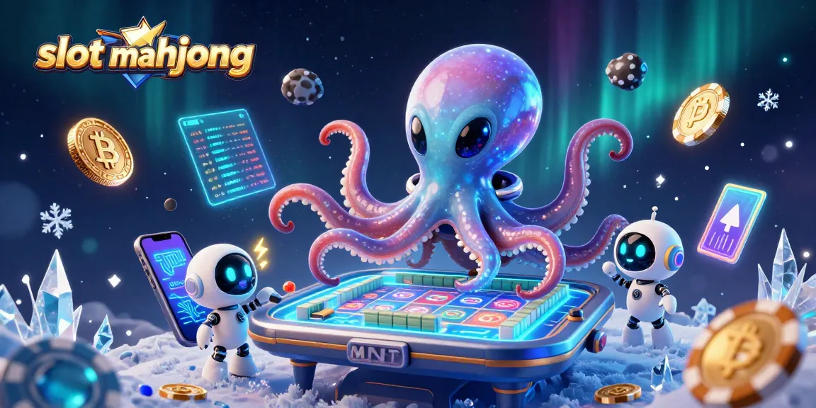 Engage in slot mahjong with a colorful alien octopus and robot at a holographic table.