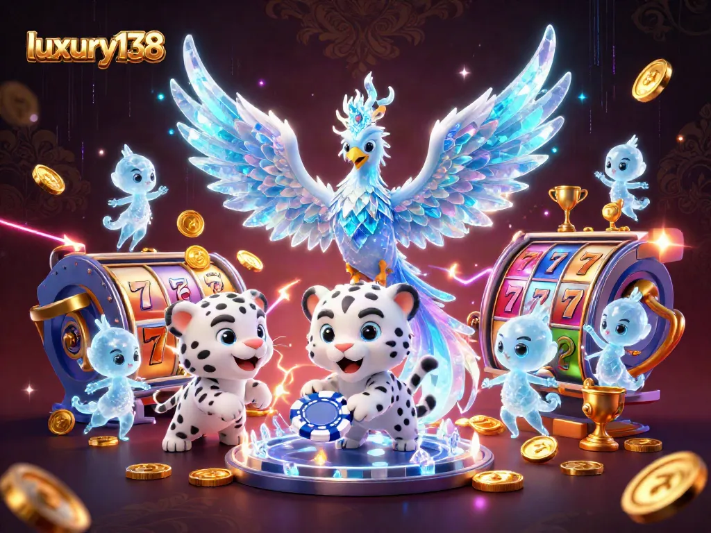 Engage with luxury138's thrilling online slot experience, featuring vibrant slot reels and dynamic characters.