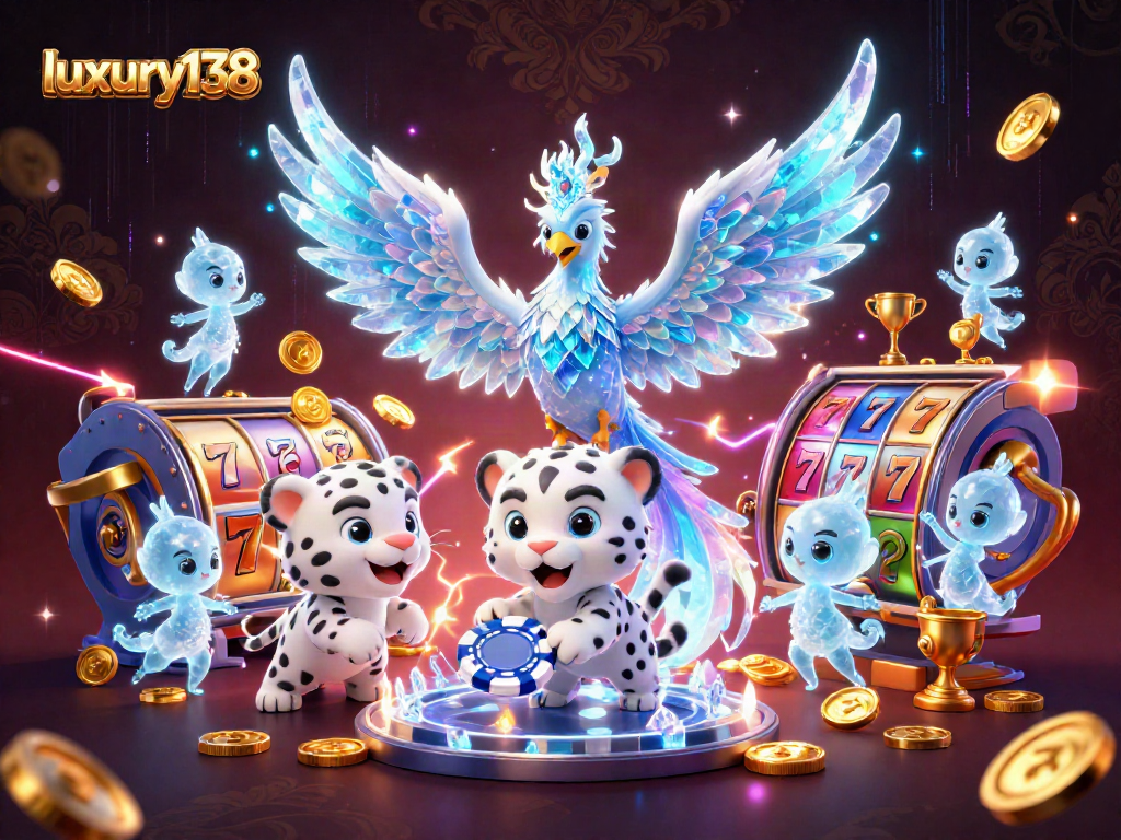 Engage with luxury138's thrilling online slot experience, featuring vibrant slot reels and dynamic characters.