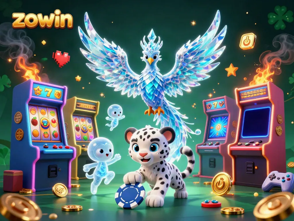 Experience the thrill of gambling with zowin's enchanting casino scene featuring a vibrant ice phoenix and playful characters.