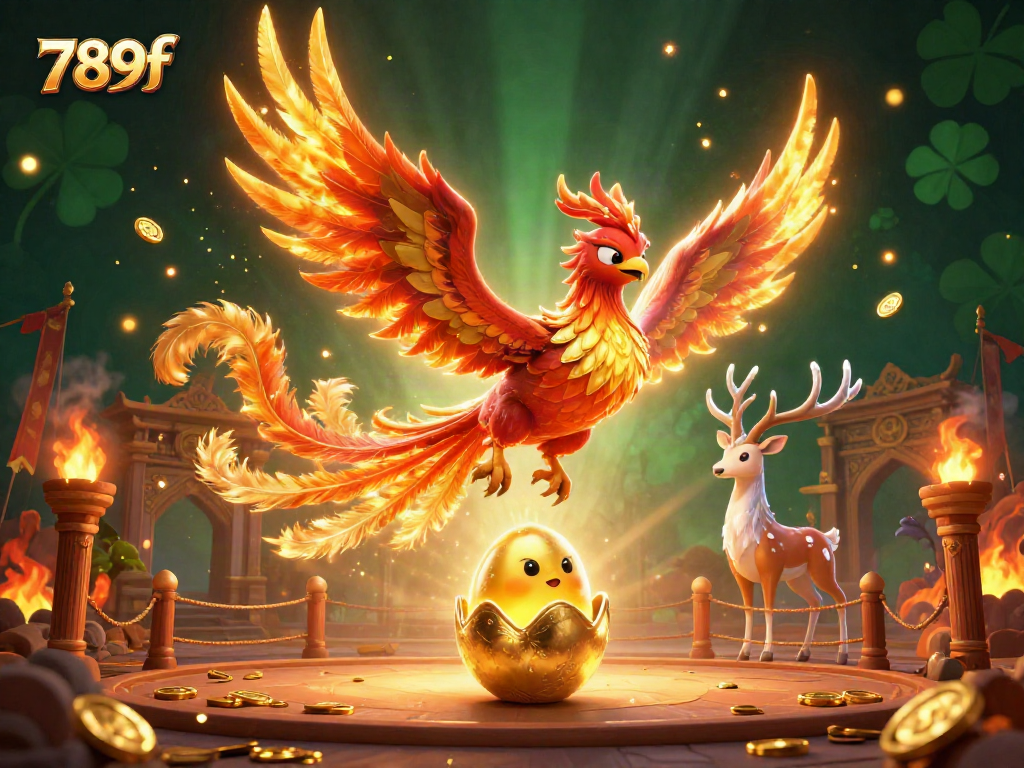 Engage with thrilling gaming action at 789f, featuring a phoenix and mystical stag in a vibrant casino scene.