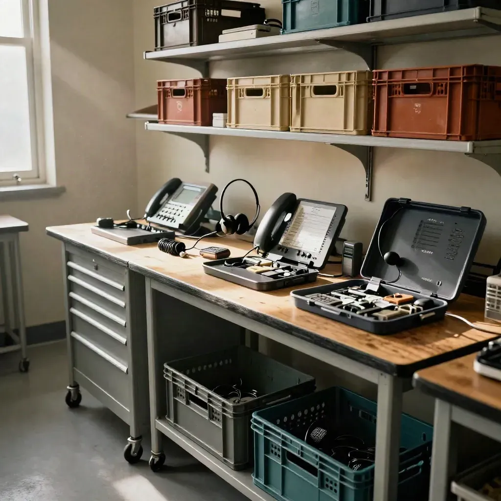 Training crates, tool trolley and process kits on a workshop bench in warm afternoon light.