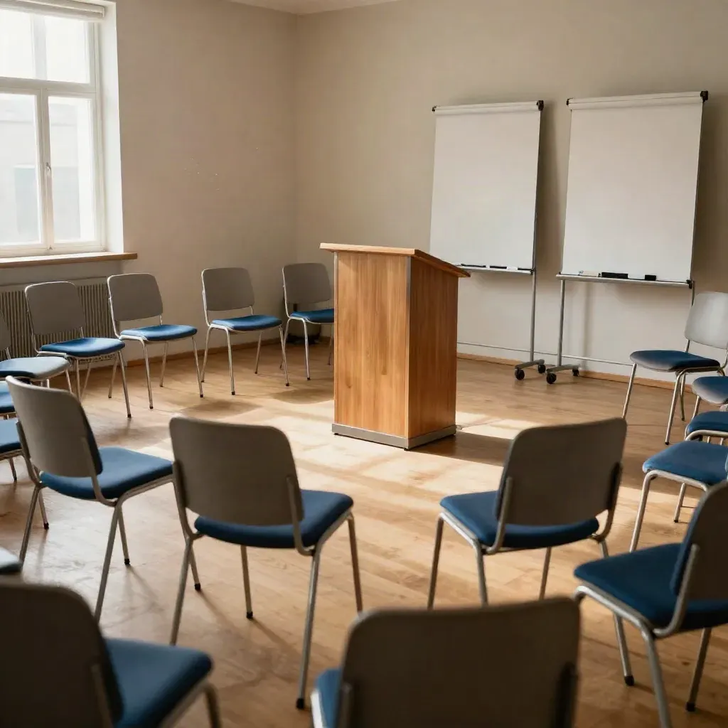 Empty leadership workshop room with crescent chairs, lectern, and flipcharts in warm sunlight.