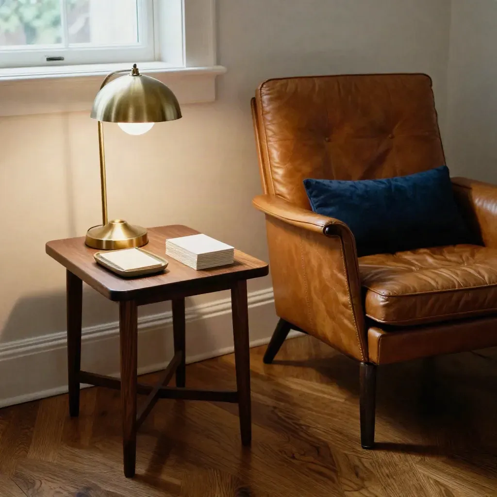 Leather chair, brass lamp and reflection cards in a quiet coaching nook on polished oak.