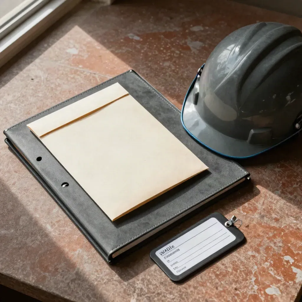 Top-down compliance kit with binder, audit envelope, helmet and inspection tag on stone.