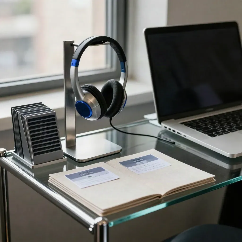 Onboarding corner with headset stand, keycard sleeves, face-down cards, and docked laptop on a glass shelf.
