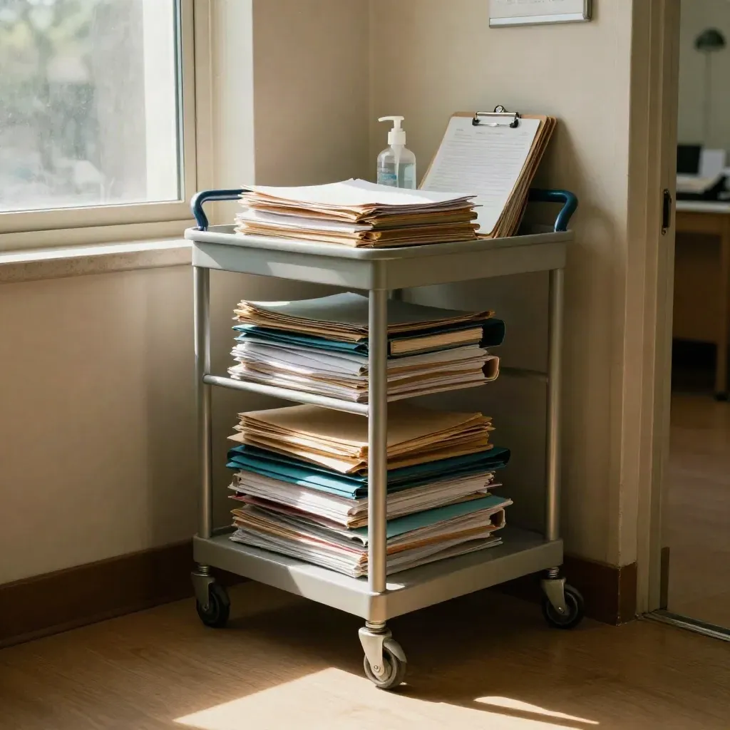Audit-ready records trolley in a quiet care-office corner with sealed folders and sanitizer.