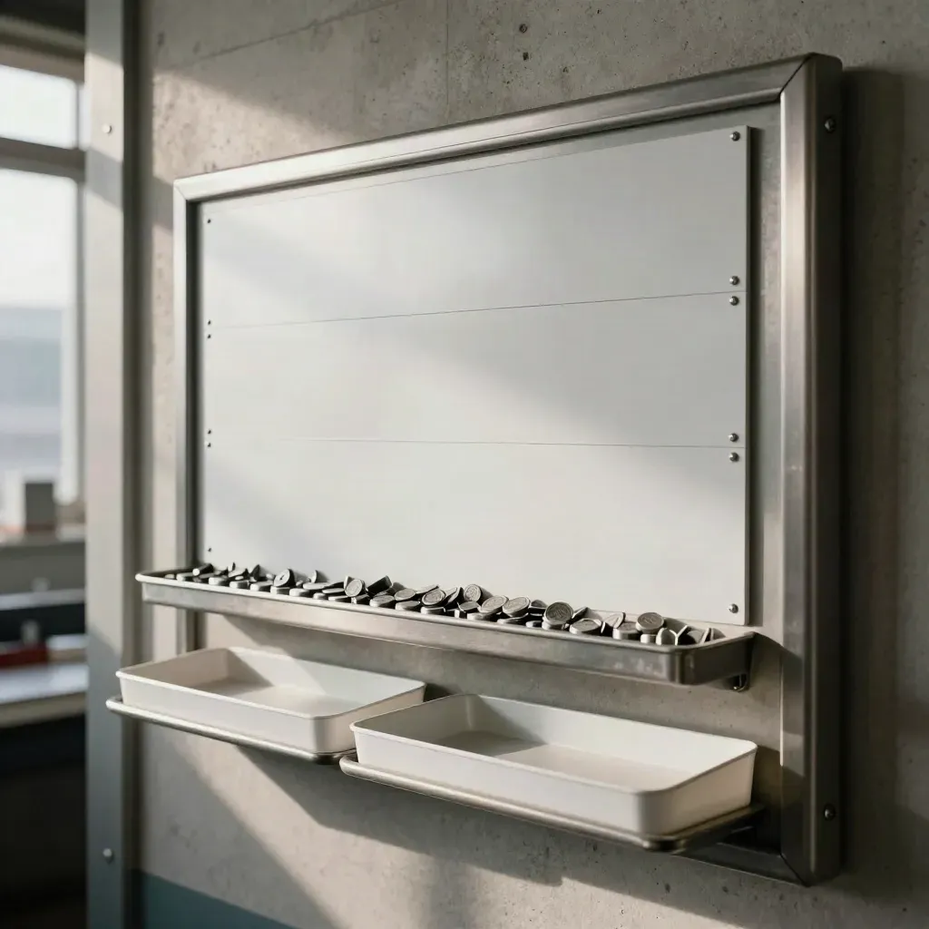 Shift-handover board with magnetic blocks, route tokens, and inbox trays in a depot corridor.