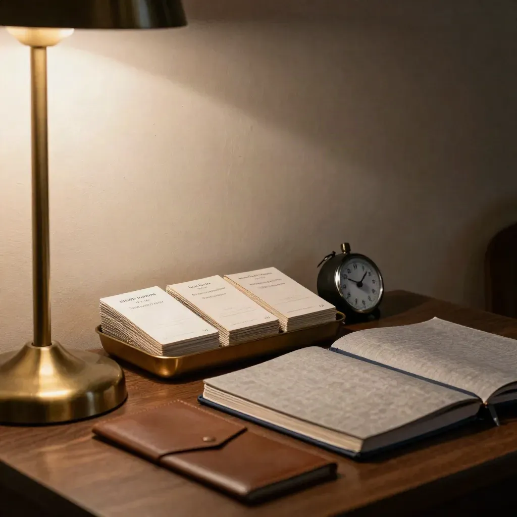 Coaching cards, timer and closed notebooks under a lamp on a quiet training wall.