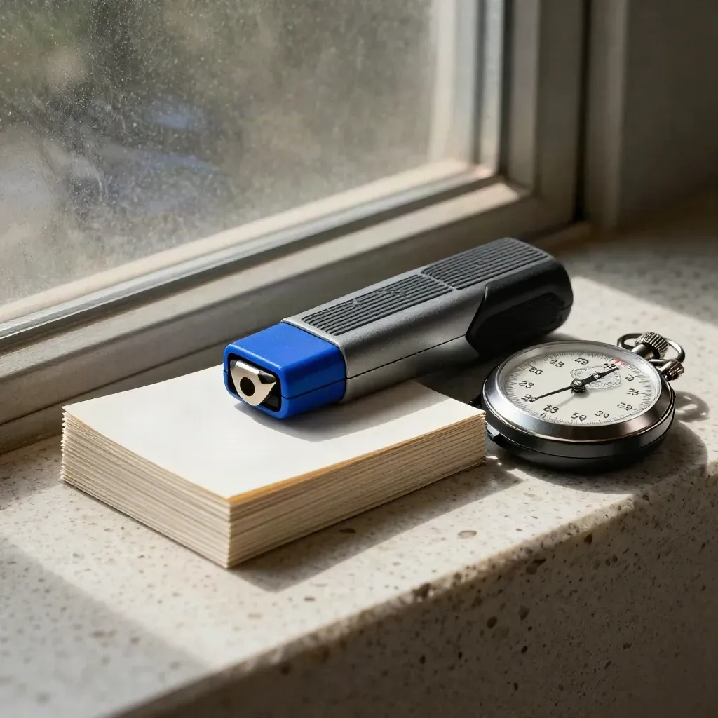 Macro of a presentation clicker, blank cue cards and stopped stopwatch on travertine.