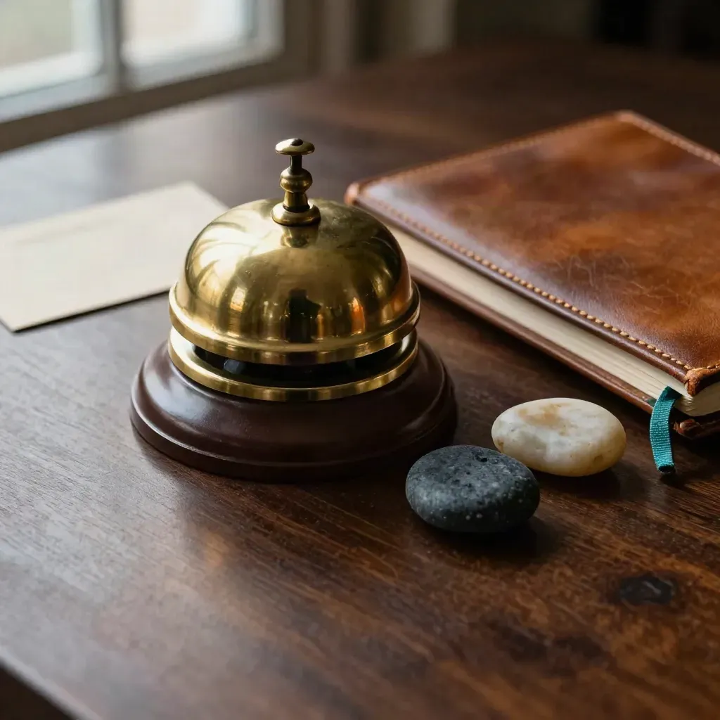 Brass desk bell, leather notebook and coaching stones on dark oak in dramatic studio light.
