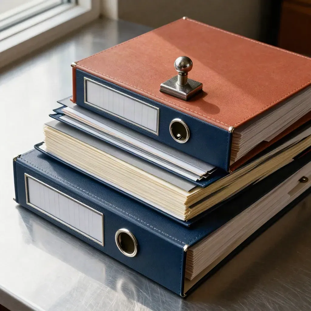 Compliance binder, date stamp, archive box and dividers on brushed steel under hard daylight.