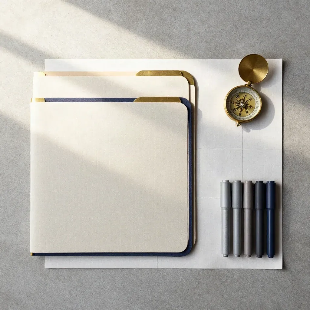 Overhead flatlay of closed folders, brass compass, and assessment markers on pale linen.