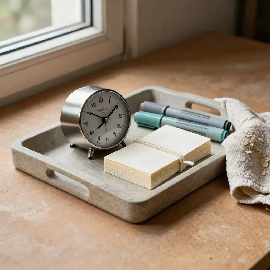 Workshop tray with timer, markers, and tied blank cards on stone in soft daylight