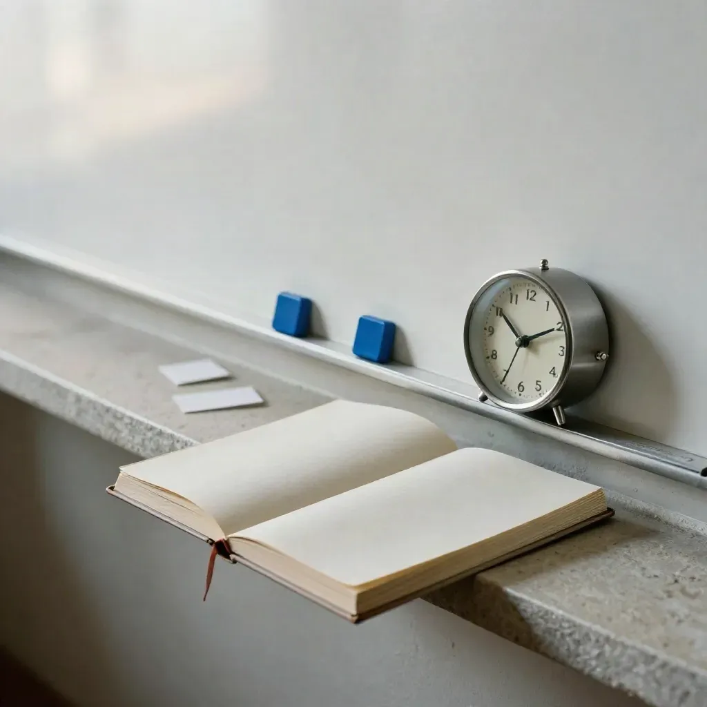 Closed logbook, cobalt magnets, and a small desk clock on an off-white whiteboard ledge
