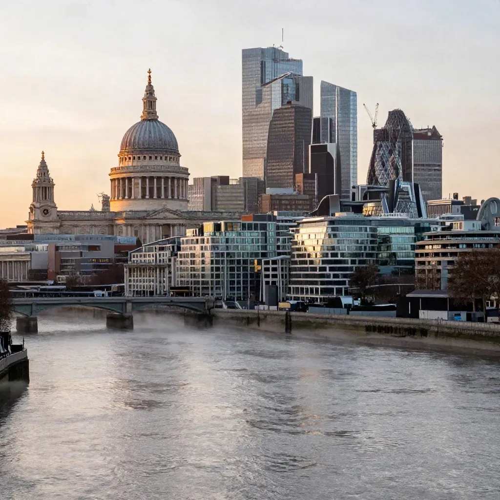 London skyline at dawn above the Thames, St Paul’s high in mist