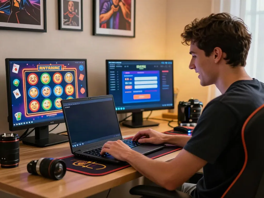 Player exploring online credit card casinos at home with vibrant gaming elements and modern setup.