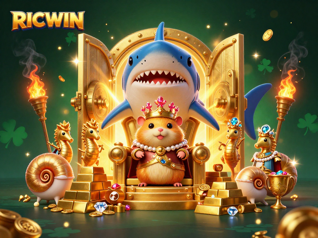 Experience the royal flair of RICWIN with a golden hamster king amid riches and treasures.