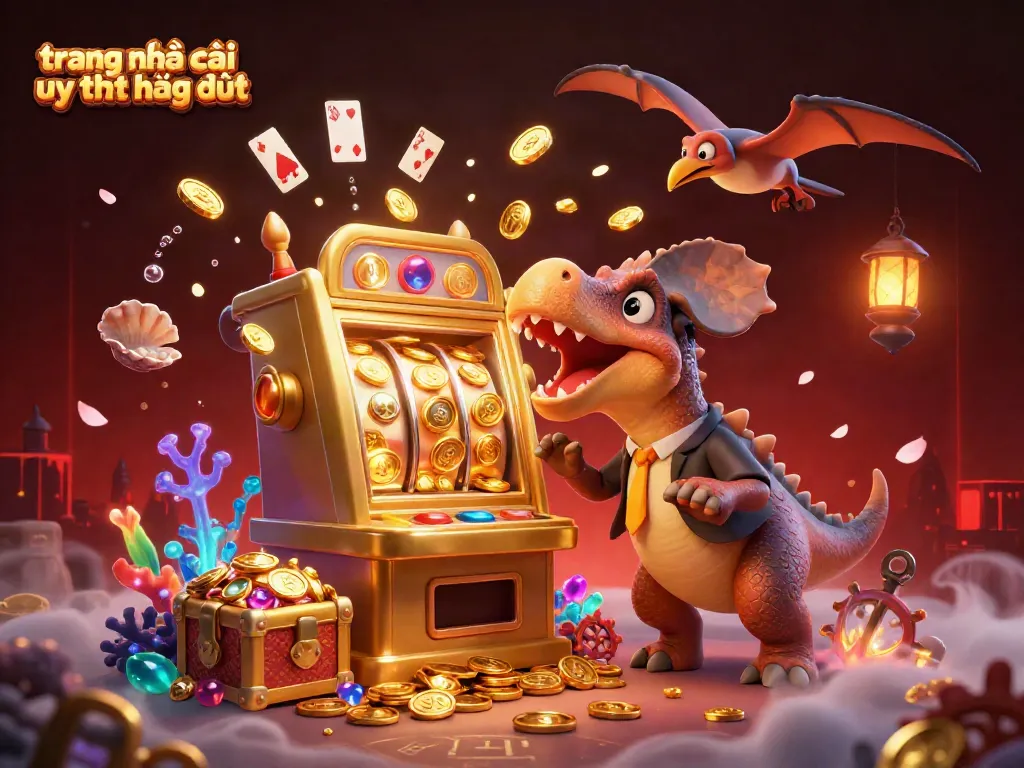 Attracting jackpots, a pachycephalosaurus interacts with a slot machine in a vibrant casino scene, highlighting the trang nhà cái uy tín hàng đầu.