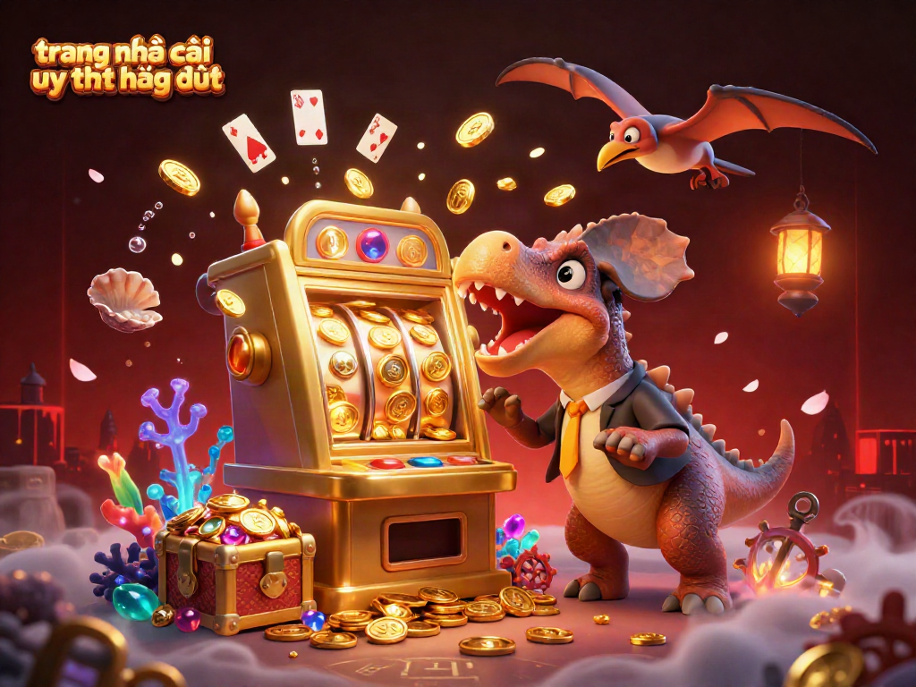 Attracting jackpots, a pachycephalosaurus interacts with a slot machine in a vibrant casino scene, highlighting the trang nhà cái uy tín hàng đầu.