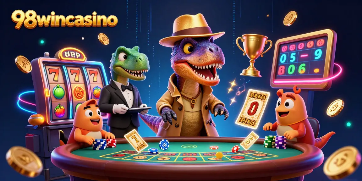 98wincasino showcases a velociraptor card counter at a bustling blackjack table, vibrant casino elements abound.