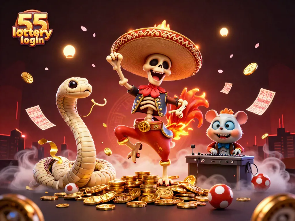 Excite with 55 lottery login as a skeleton mariachi dances on coins near lottery elements.