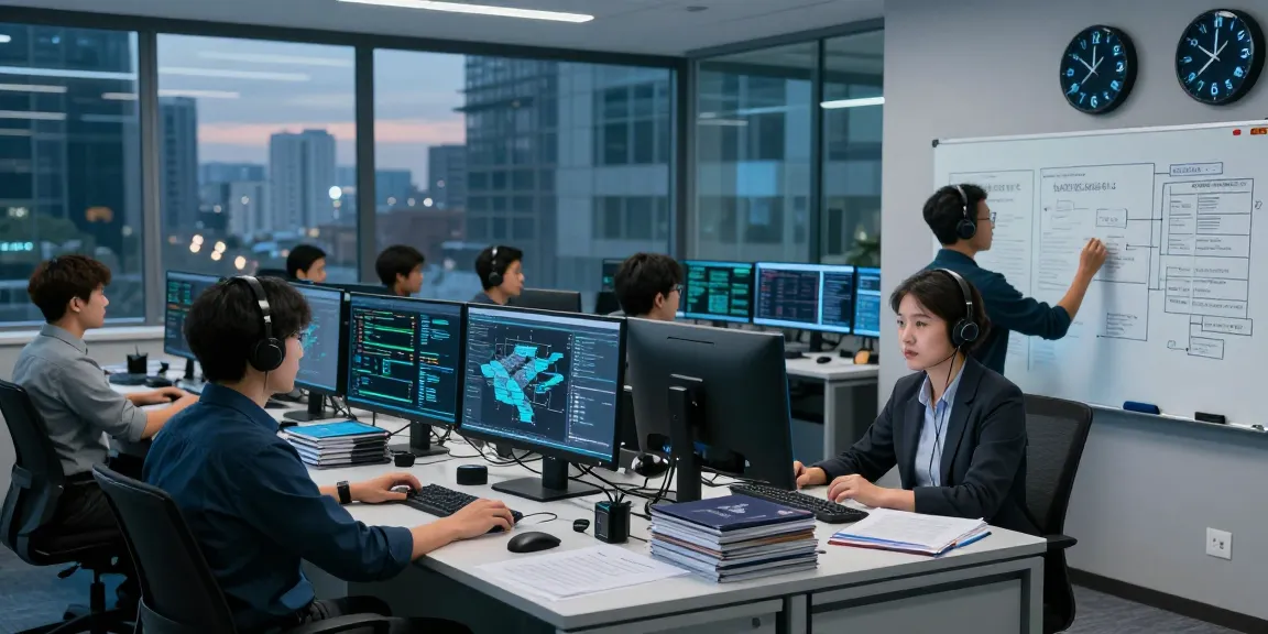 Cyber intelligence firm analysts monitoring threats in a high-tech operations center.