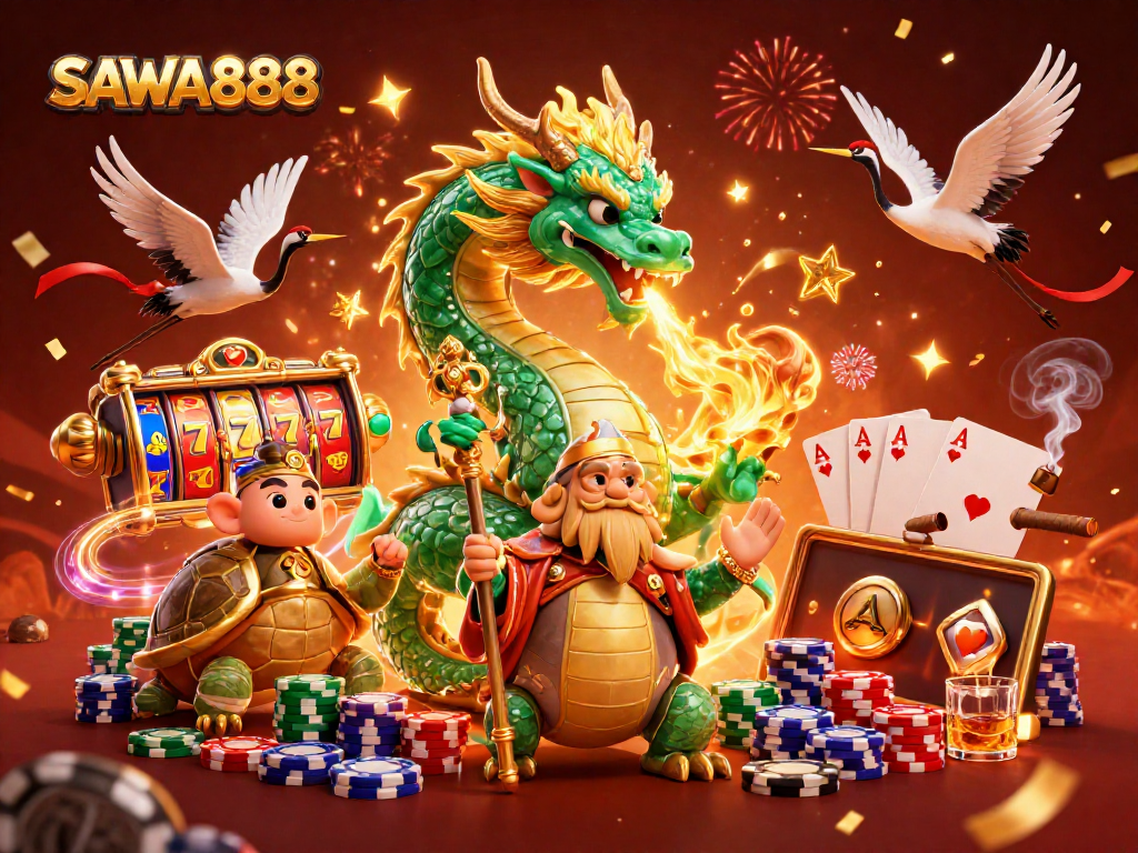 Experience thrilling spins at SAWA888 with a jade dragon and cartoon characters celebrating casino wins.