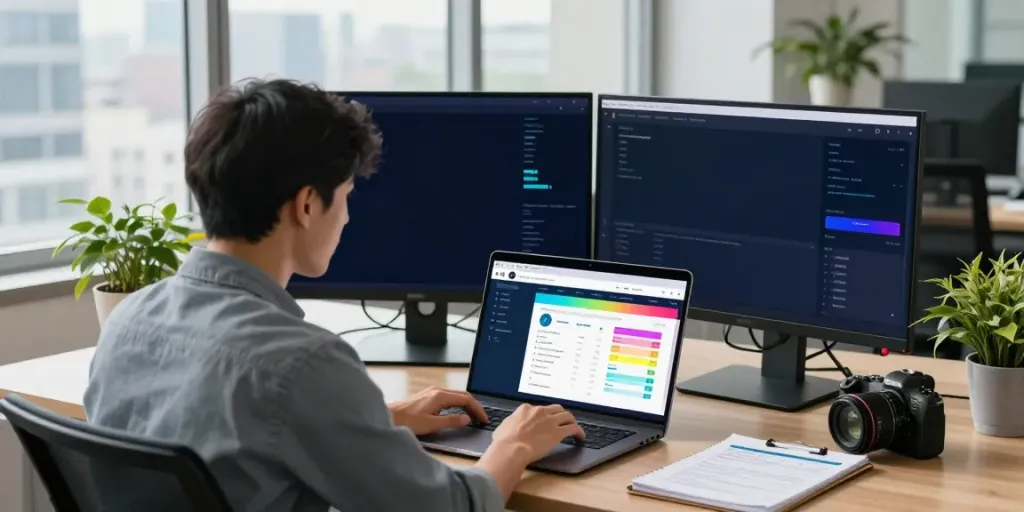 Content strategist analyzing instant indexing metrics in a modern office.