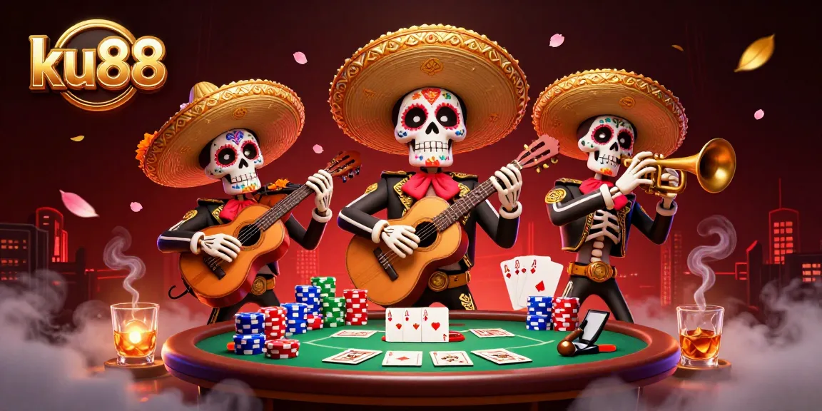 ku88 celebration at a casino with mariachi skeletons playing lively music around a vibrant poker table.