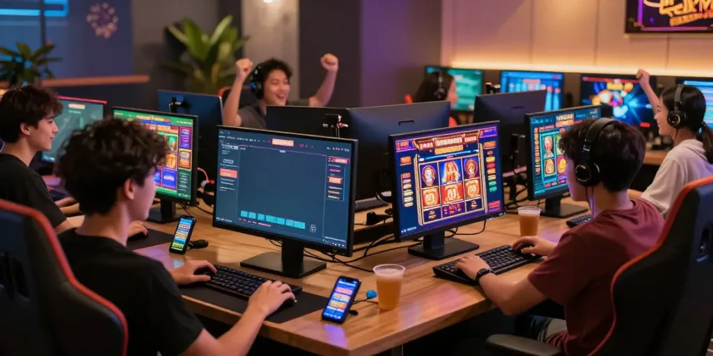 SIN88 gaming platform with players enjoying casino and sports betting, vibrant atmosphere.