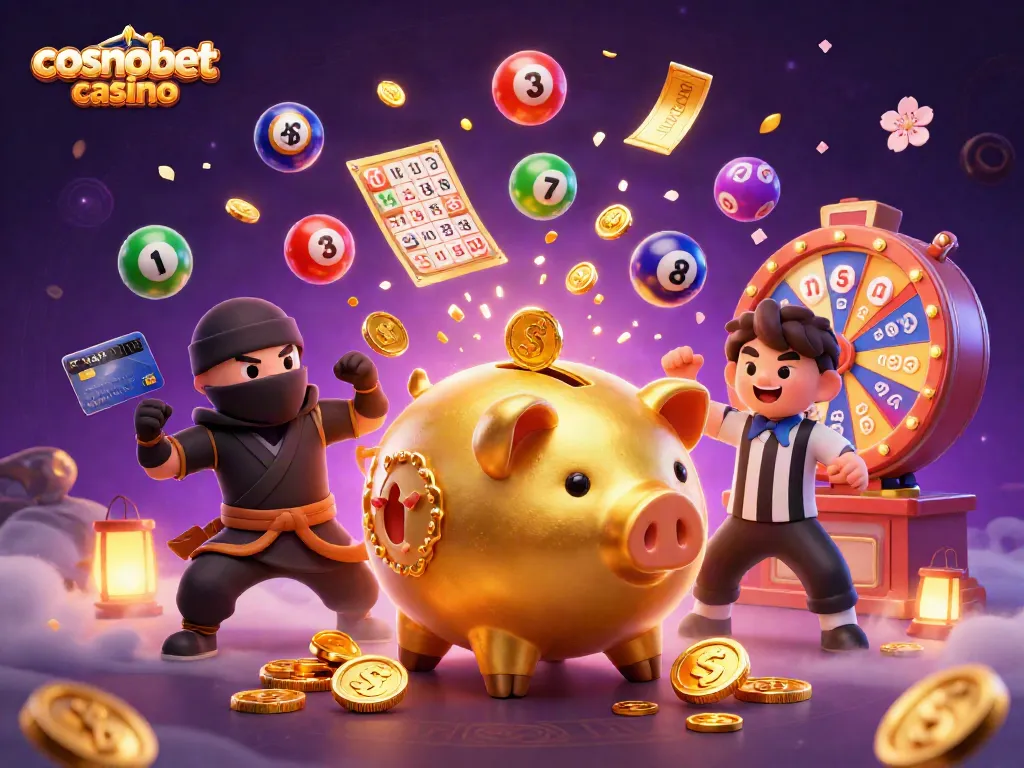 Engaging scene of Cosmobet Casino's sumo wrestler, wallet ninja, and credit card samurai in an exciting dynamic gaming atmosphere.