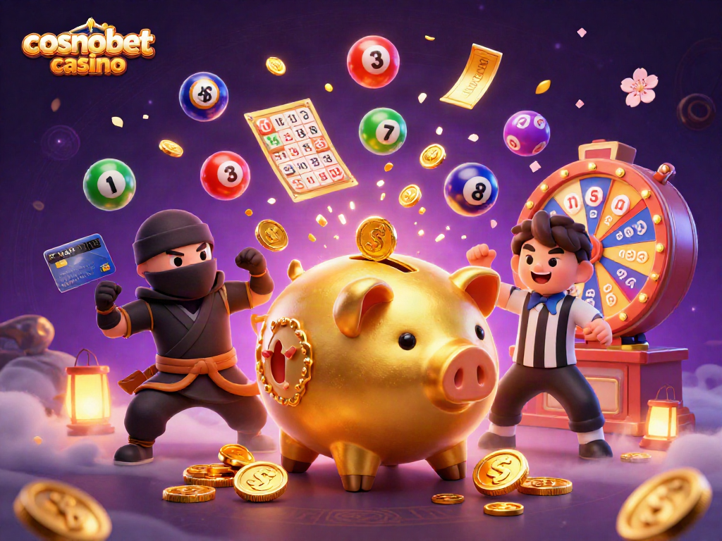 Engaging scene of Cosmobet Casino's sumo wrestler, wallet ninja, and credit card samurai in an exciting dynamic gaming atmosphere.