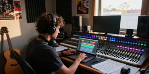 Artist creating music in studio for RL Recordings, showcasing instruments and production setup.