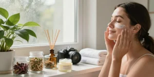 Woman applying Vitamin Rich Facial Balm in serene bathroom, showcasing nourishing skincare routine.