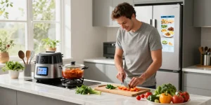Home cook using smart kitchen gadgets to prepare a gourmet meal in a bright, modern kitchen.