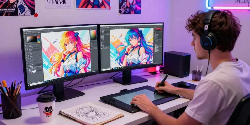 Artist generating stunning ecchi AI art in a vibrant digital workspace.