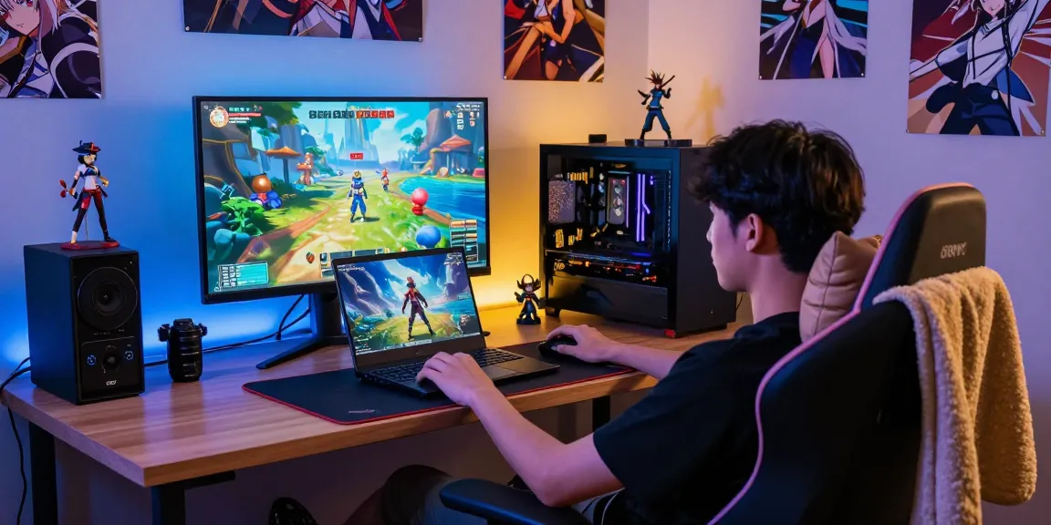 Engaged gamer playing a hentai game online in a cozy, vibrant gaming setup with anime decorations.