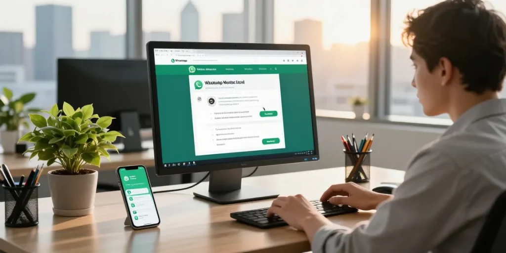 Using WhatsApp網頁版 in a modern office workspace with a laptop and smartphone on the desk.