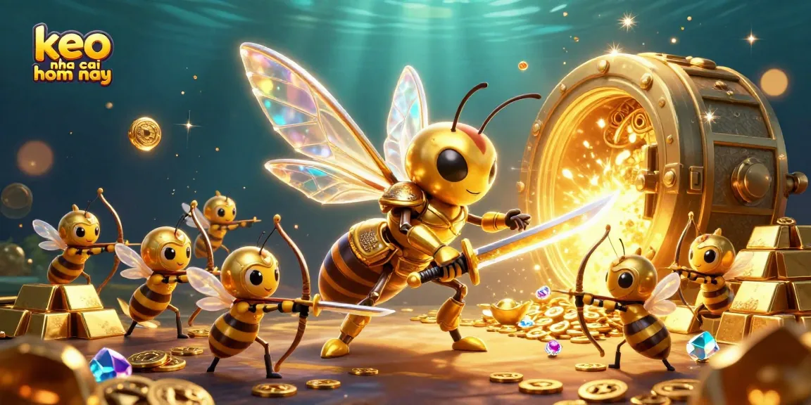 Engage with keo nha cai hom nay through a vibrant scene of a giant hornet samurai alongside bee archers amidst treasure and casino-themed elements.